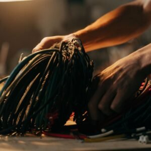 Hands sorting through a variety of colorful electrical wires on a table, illuminated by soft lighting.