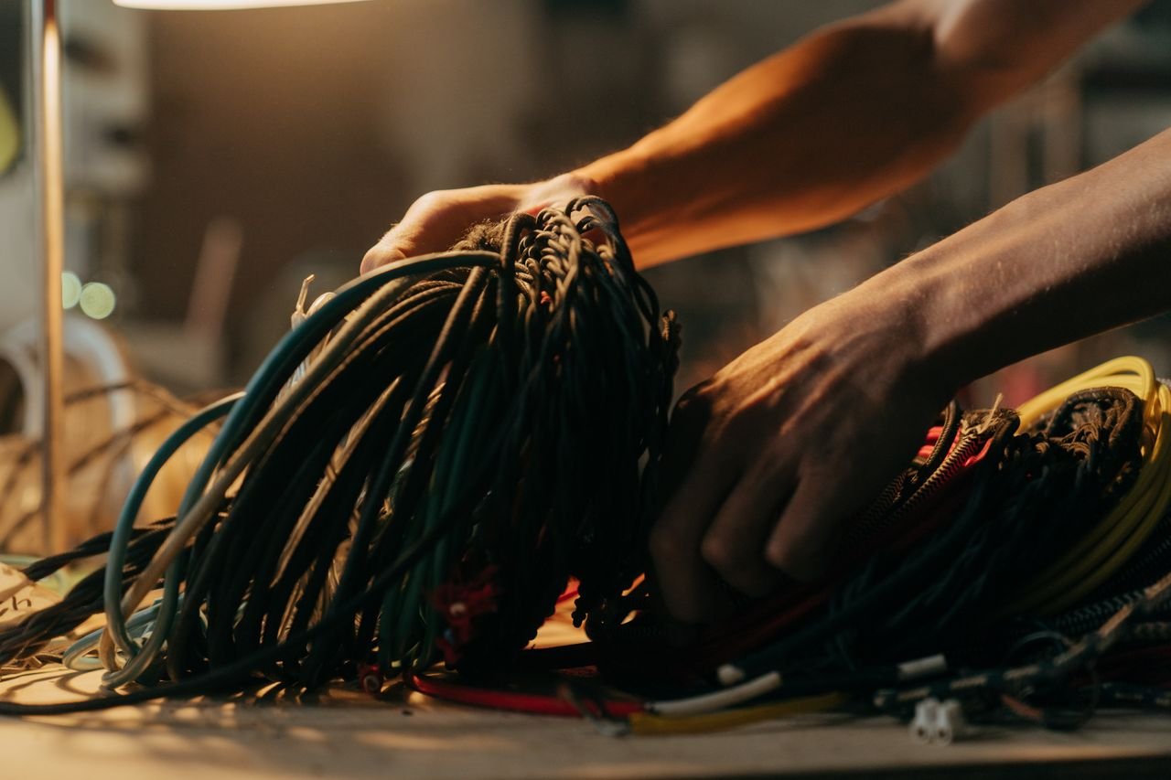 Home Hands sorting through a variety of colorful electrical wires on a table, illuminated by soft lighting.